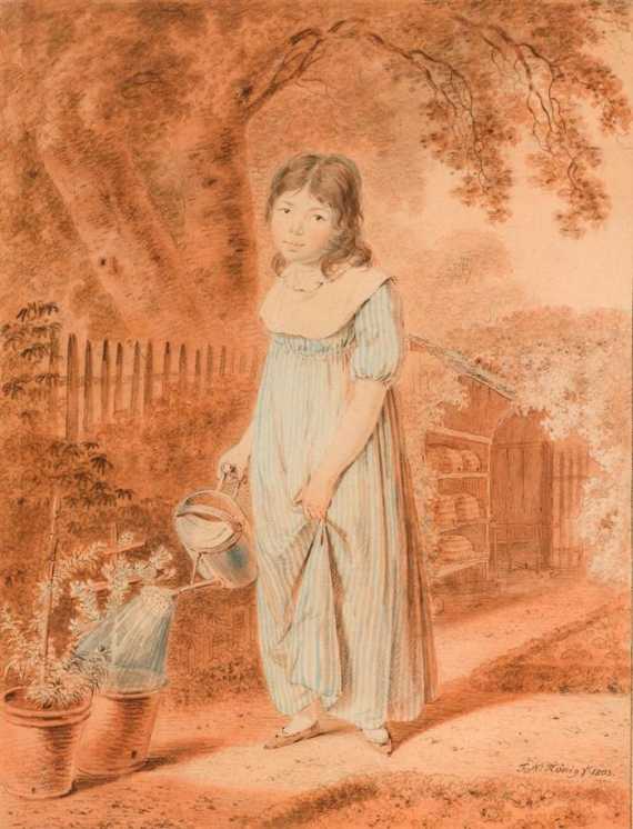 Appraisal: KOENIG FRANZ NIKOLAUS Berne Young girl watering flowers Chalk drawing