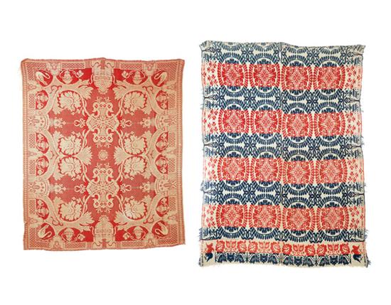 Appraisal: TWO JACQUARD COVERLETS American mid th century Red blue and