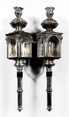 Appraisal: Pair coach lanterns silver-plated brass and tin flame finials beveled