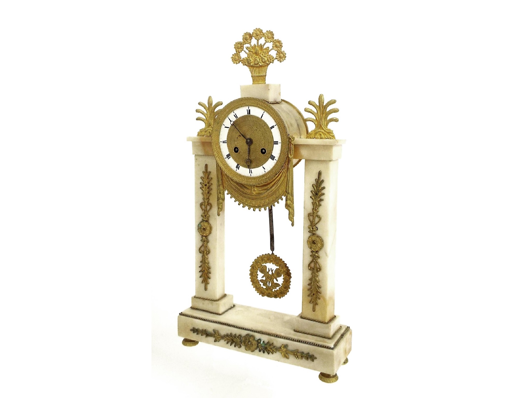 Appraisal: French ormolu and marble two train drumhead mantel clock the