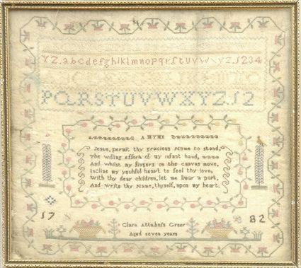 Appraisal: Needlework Sampler Signed Clara Attabuss Greer and dated framed x