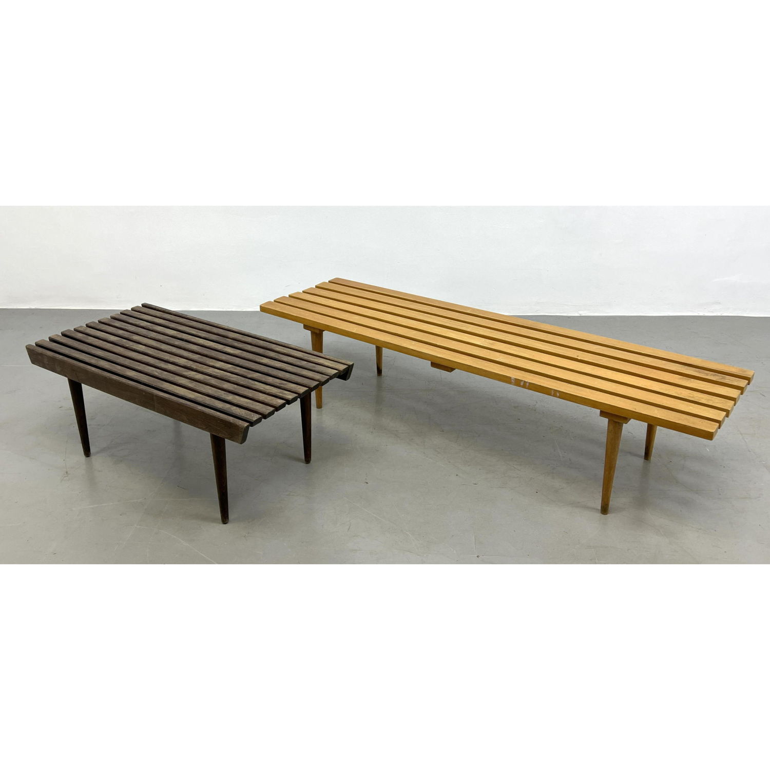 Appraisal: pc Modernist Slat Benches Short Dark Wood Bench Longer Blond