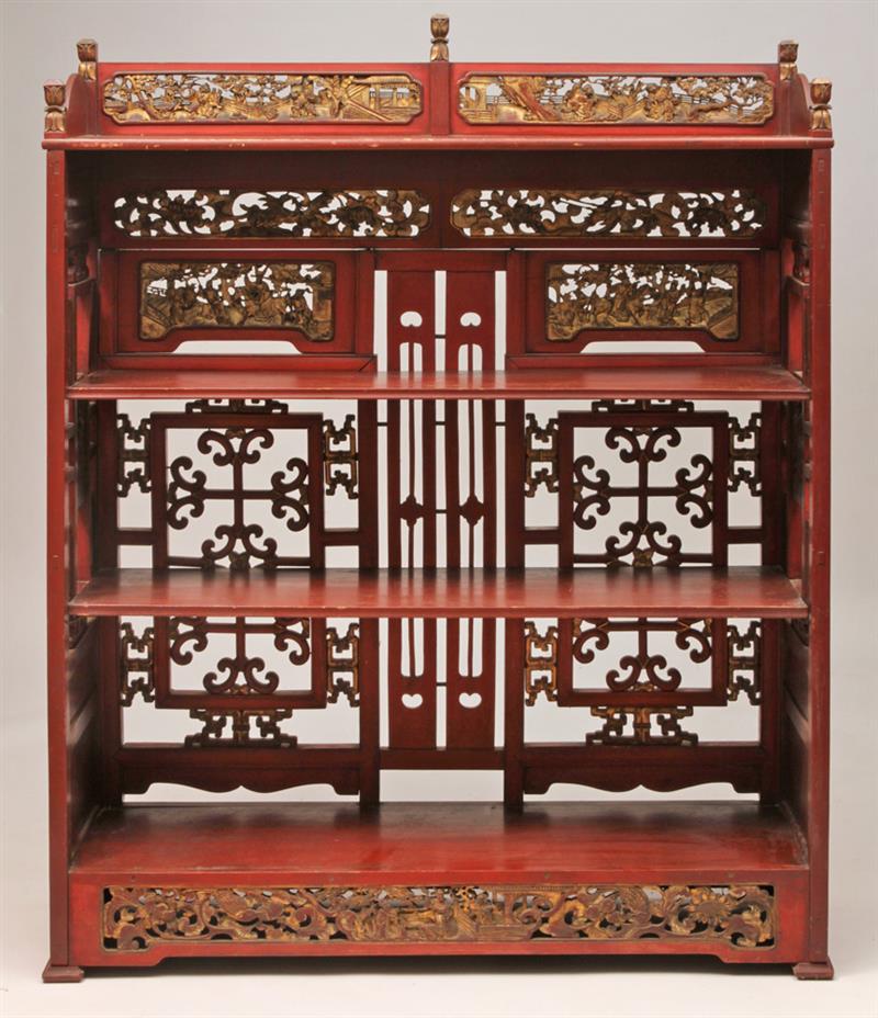 Appraisal: Chinese Cinnabar-Stained Bookcase With pierced and carved giltwood panels ft