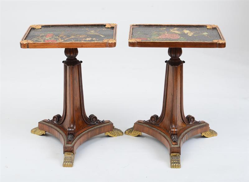 Appraisal: PAIR OF REGENCY STYLE GILT-METAL-MOUNTED ROSEWOOD LOW TABLES Each fitted