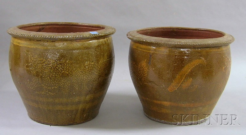 Appraisal: Two Asian Export Slip Decorated Earthenware Jardinieres to ht dia