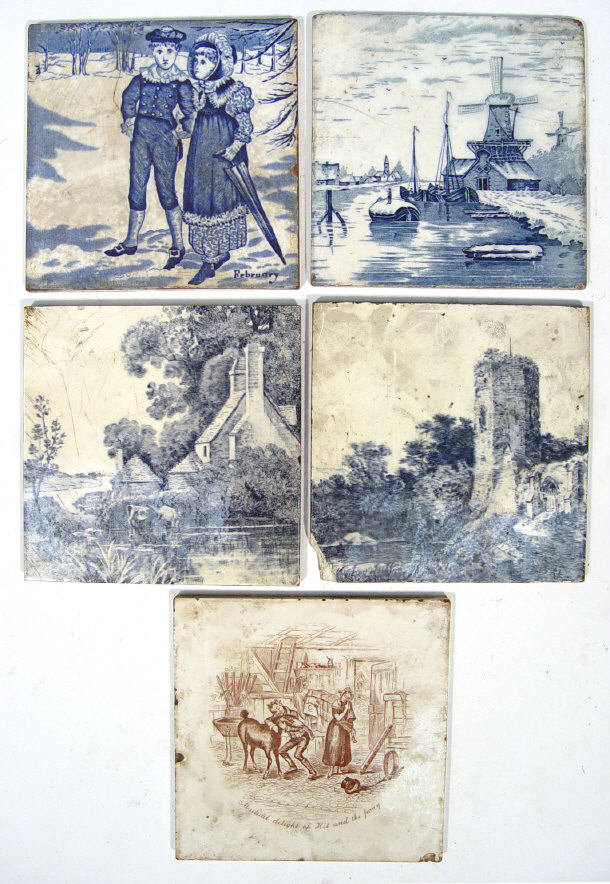 Appraisal: Five Victorian transfer printed pottery tiles including landscape scenes a