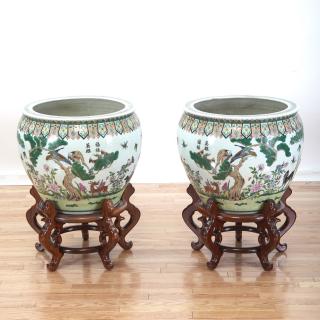 Appraisal: Pair Chinese Export famille vert fish bowls Pair Chinese Export