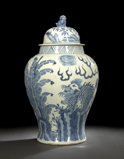 Appraisal: Large Chinese Blue and White Porcelain Covered Storage Jar of