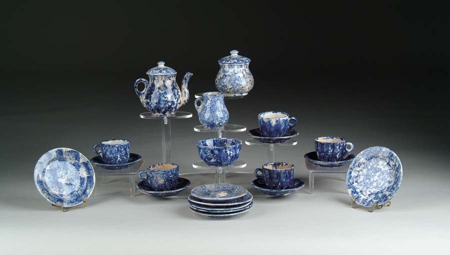 Appraisal: CHILD'S BLUE SPONGEWARE TEA SET Service for six Set includes