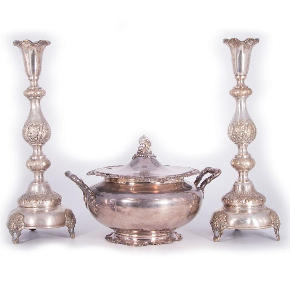 Appraisal: Silver Plate Tureen and Pair of Candlesticks Pair of Silver