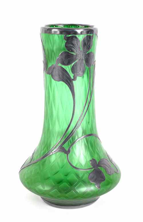 Appraisal: Silver overlay quilted green glass vase early th c h