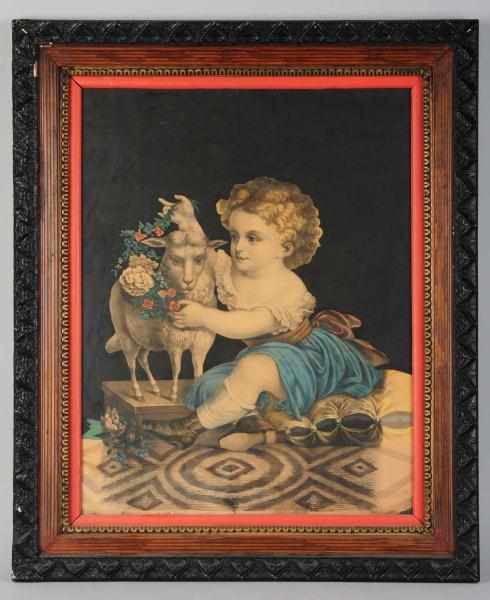 Appraisal: Large Victorian Print in Ornate Frame Shows a child putting