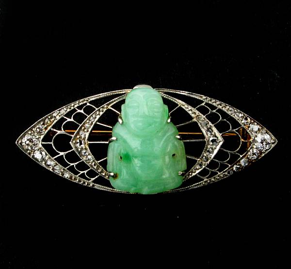 Appraisal: A jadeite diamond and platinum brooch set with old European