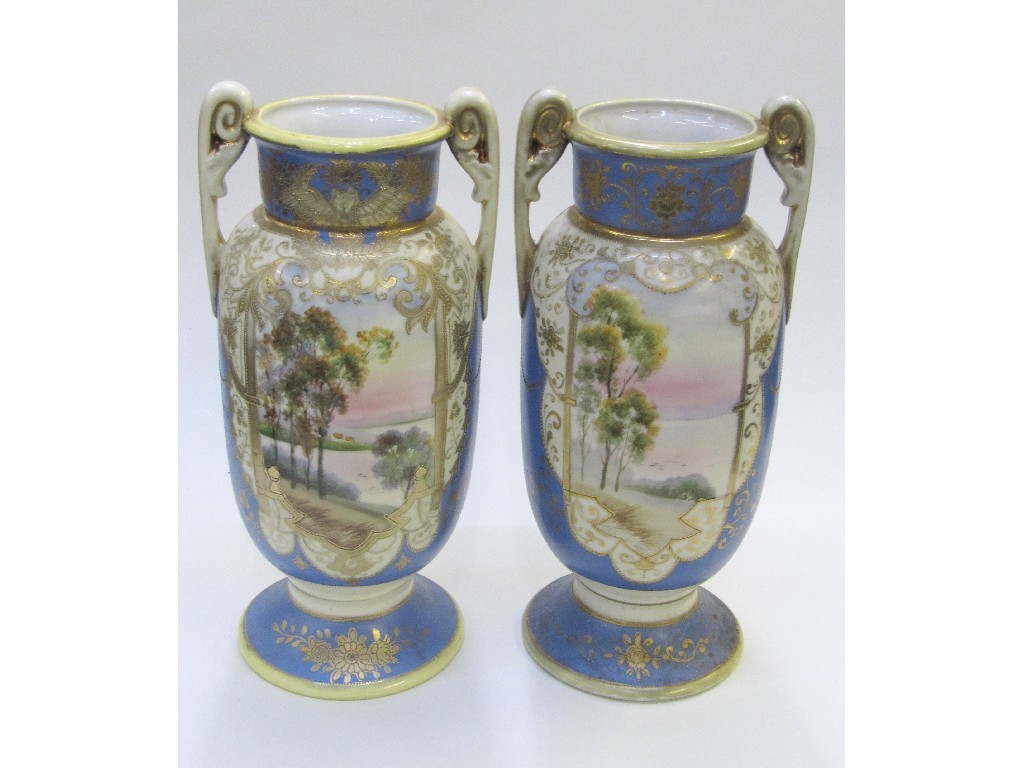 Appraisal: Pair of two handled Noritake vases painted with landscapes