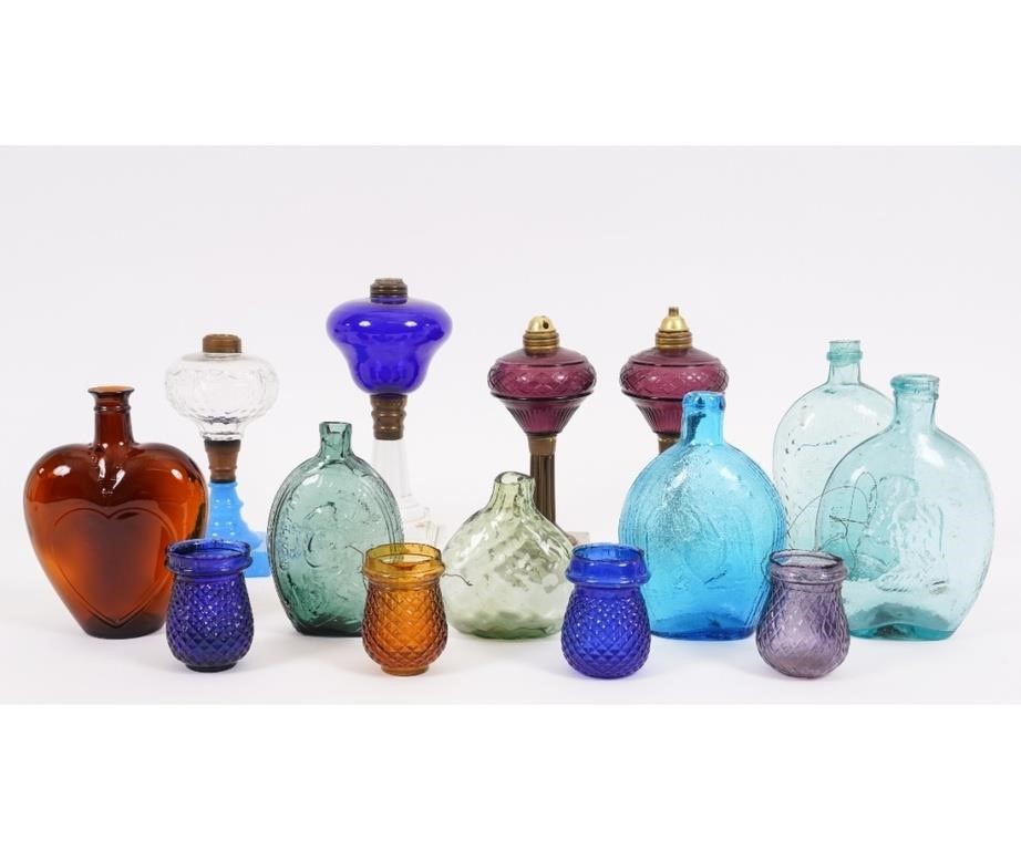 Appraisal: Collection of glass flasks of various colors to include Lockport