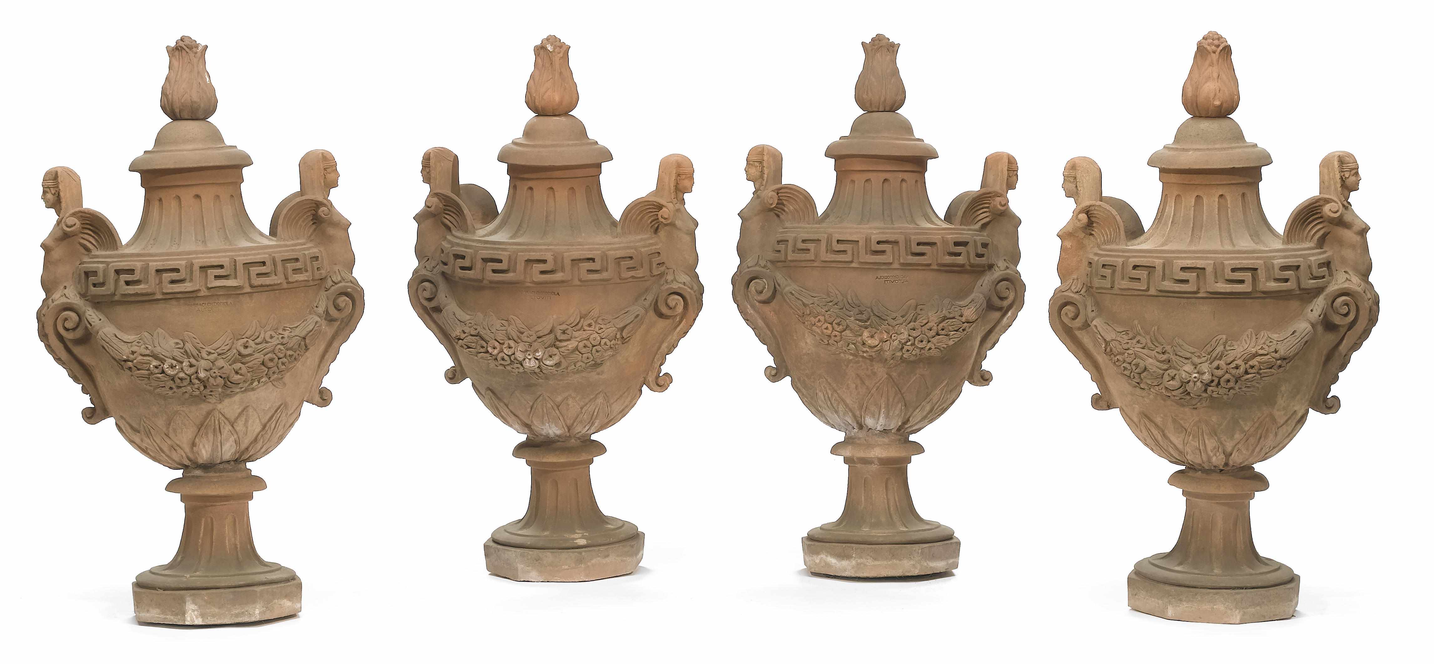 Appraisal: A set of four Italian Neoclassical style terracotta two handled