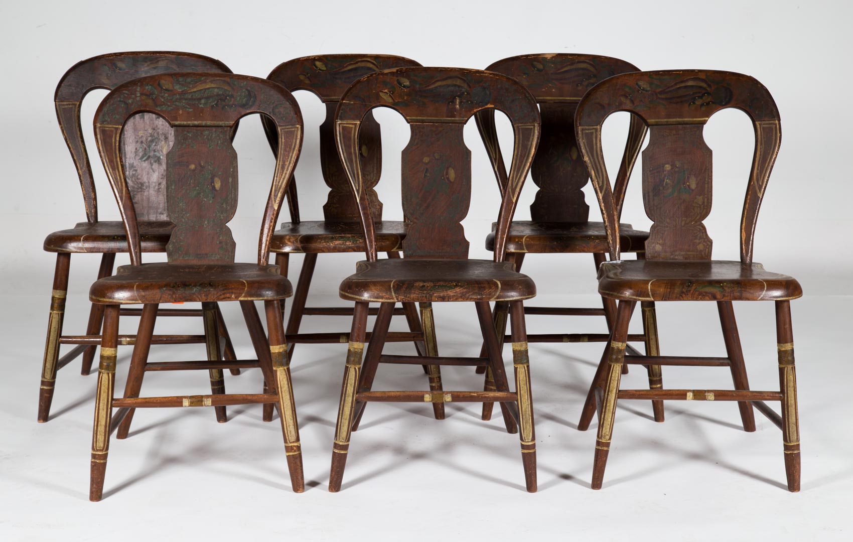 Appraisal: Six Federal painted plank-seat chairs Pennsylvania circa balloon-back and vase-splat