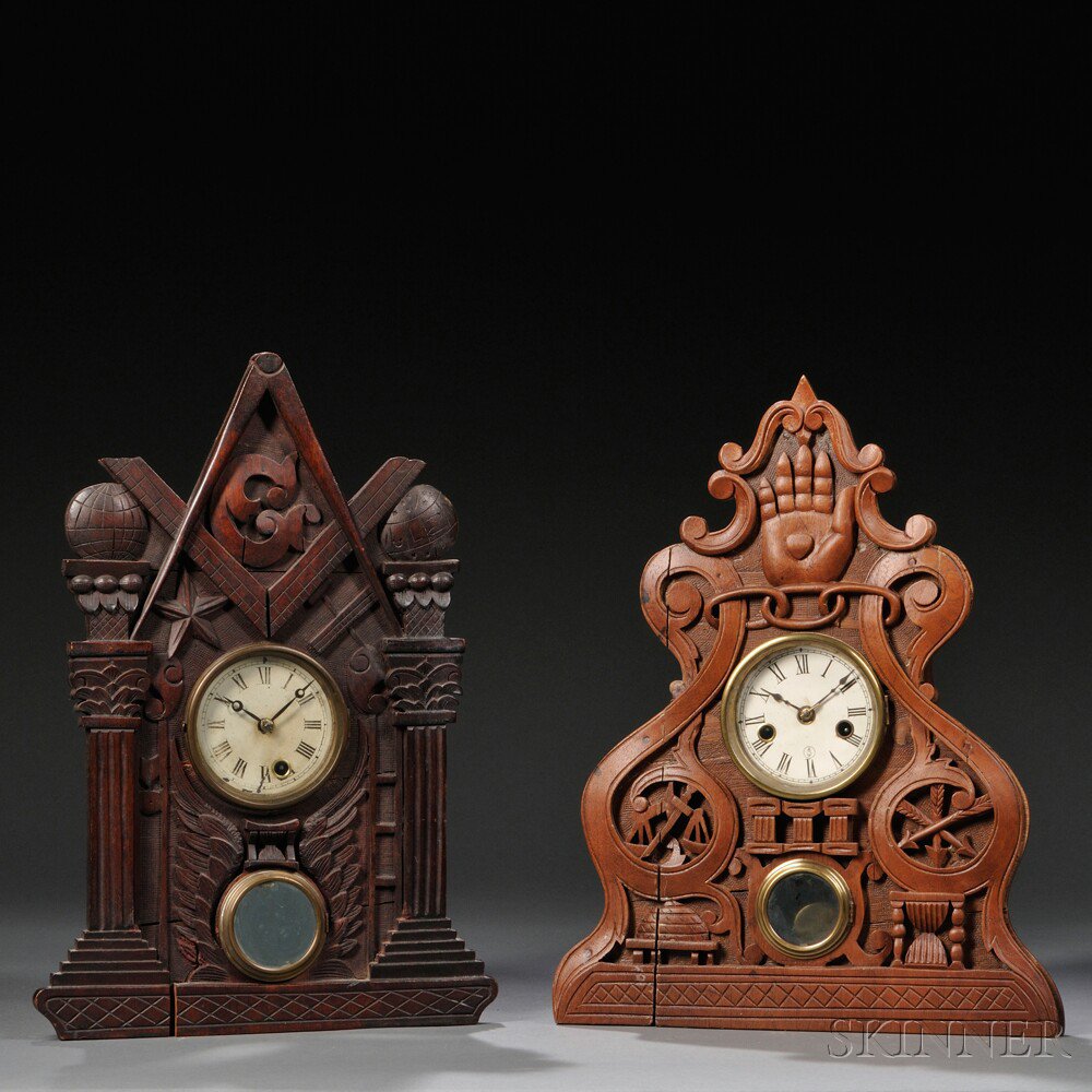 Appraisal: Carved Masonic and Odd Fellow Shelf Clocks Connecticut c the