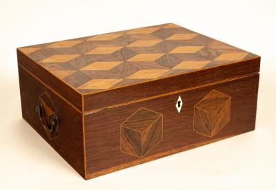 Appraisal: An early th Century parquetry workbox the top inlaid cubes