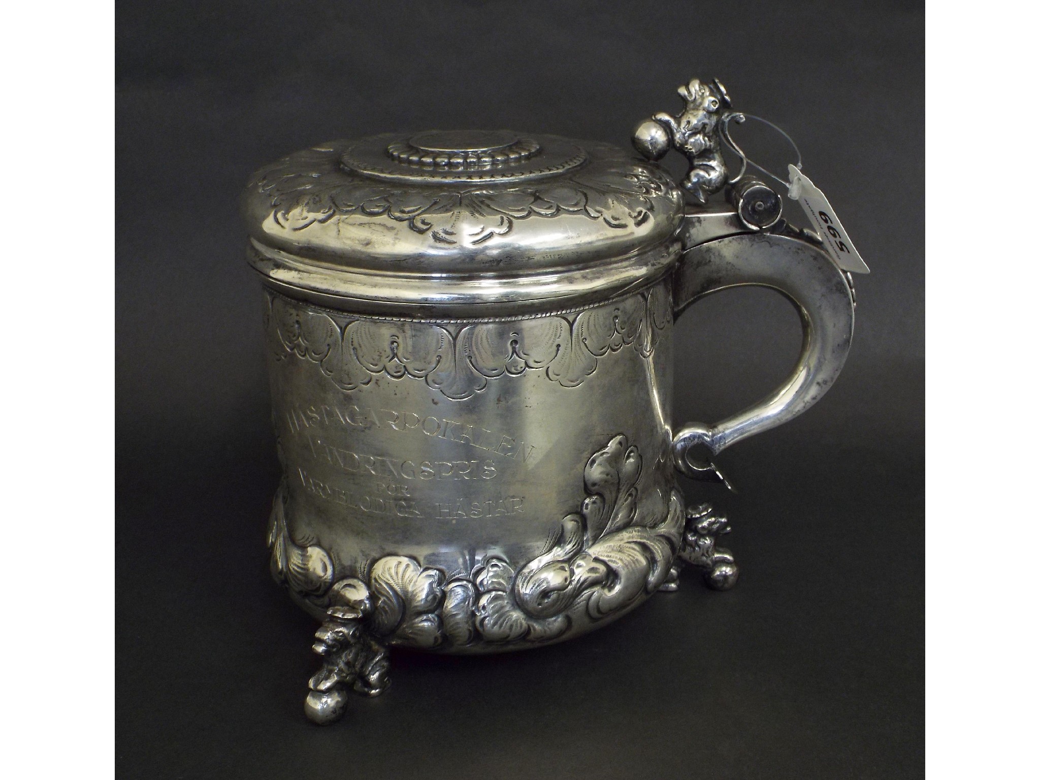 Appraisal: Impressive large Swedish silver lidded stein the hinge top fitted