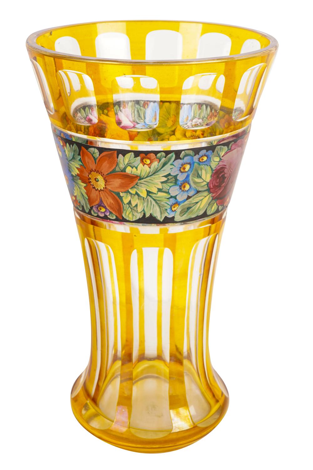 Appraisal: AMBER CLEAR CASED GLASS VASEunsigned decorated with hand-painted floral band