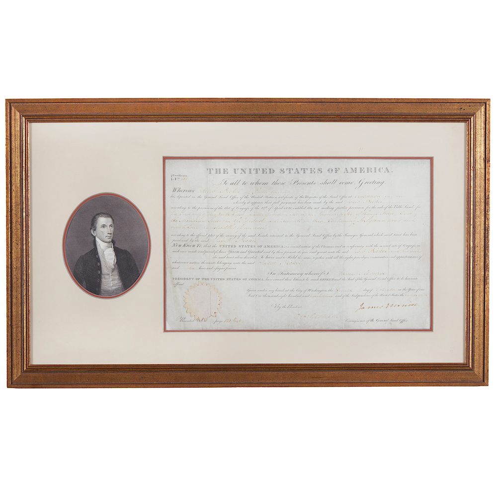 Appraisal: James Monroe Land Grant Framed James Monroe - land grant