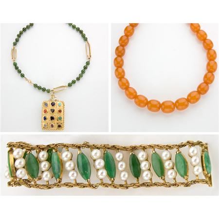 Appraisal: Gold Jade and Cultured Pearl Bracelet Nephrite Bead and Gold