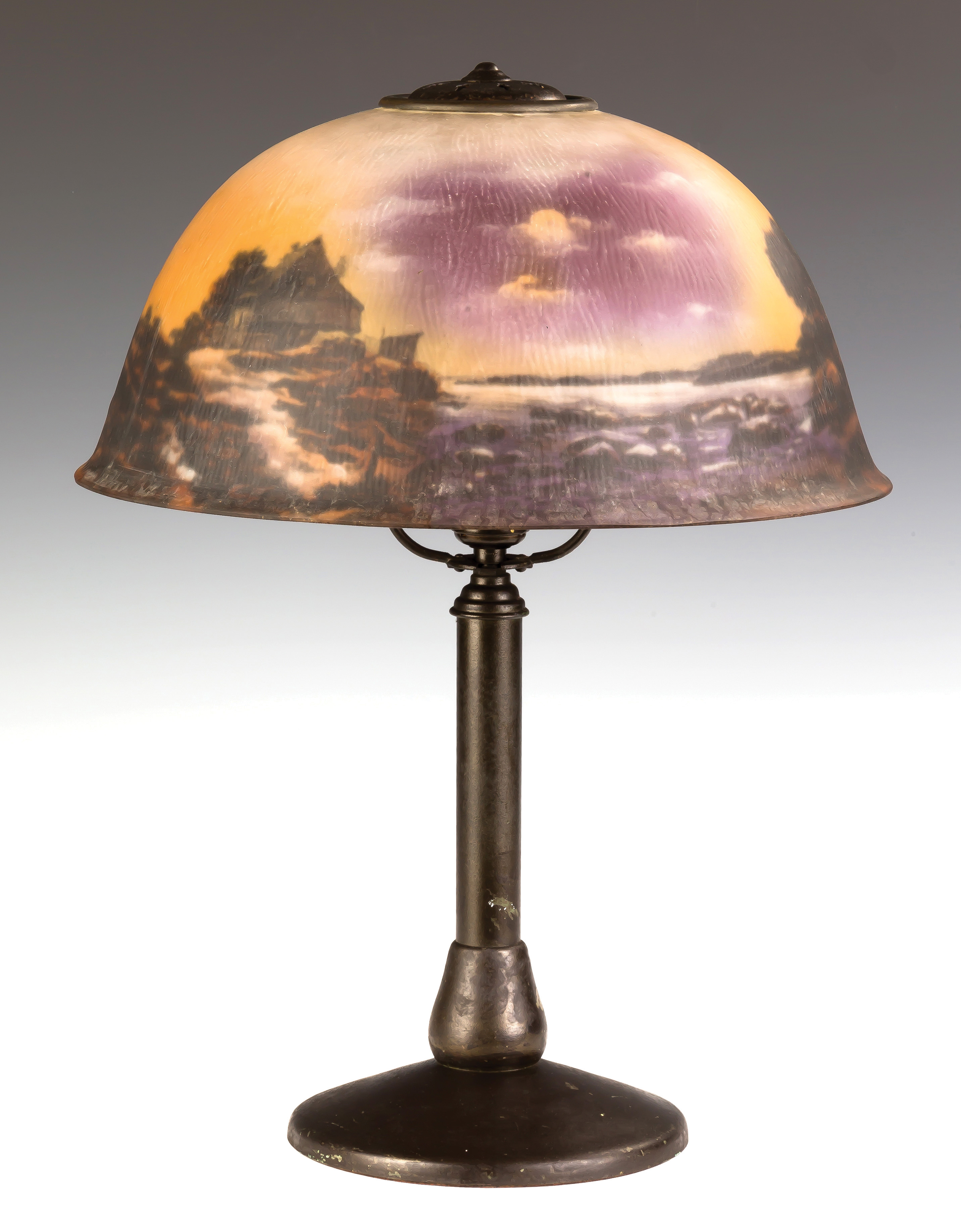 Appraisal: Pittsburgh Reverse Painted Lamp Moonscape with House Early th century