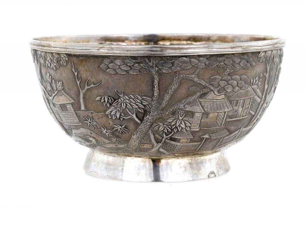 Appraisal: A CHINESE EXPORT SILVER REPOUSS BOWL of hemispherical form with