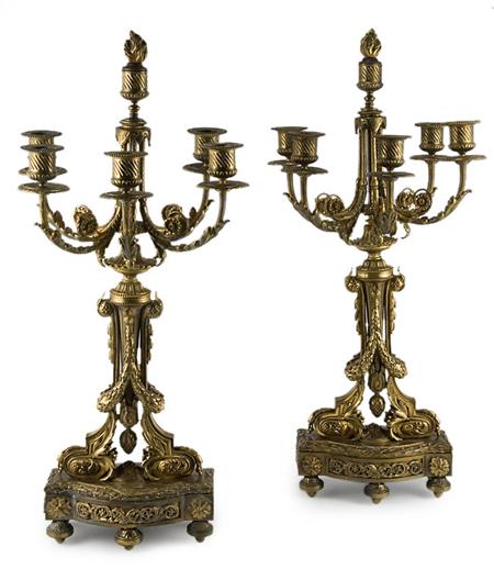 Appraisal: Pair of Louis XVI Style Bronze Five-Light Candelabra Estimate -