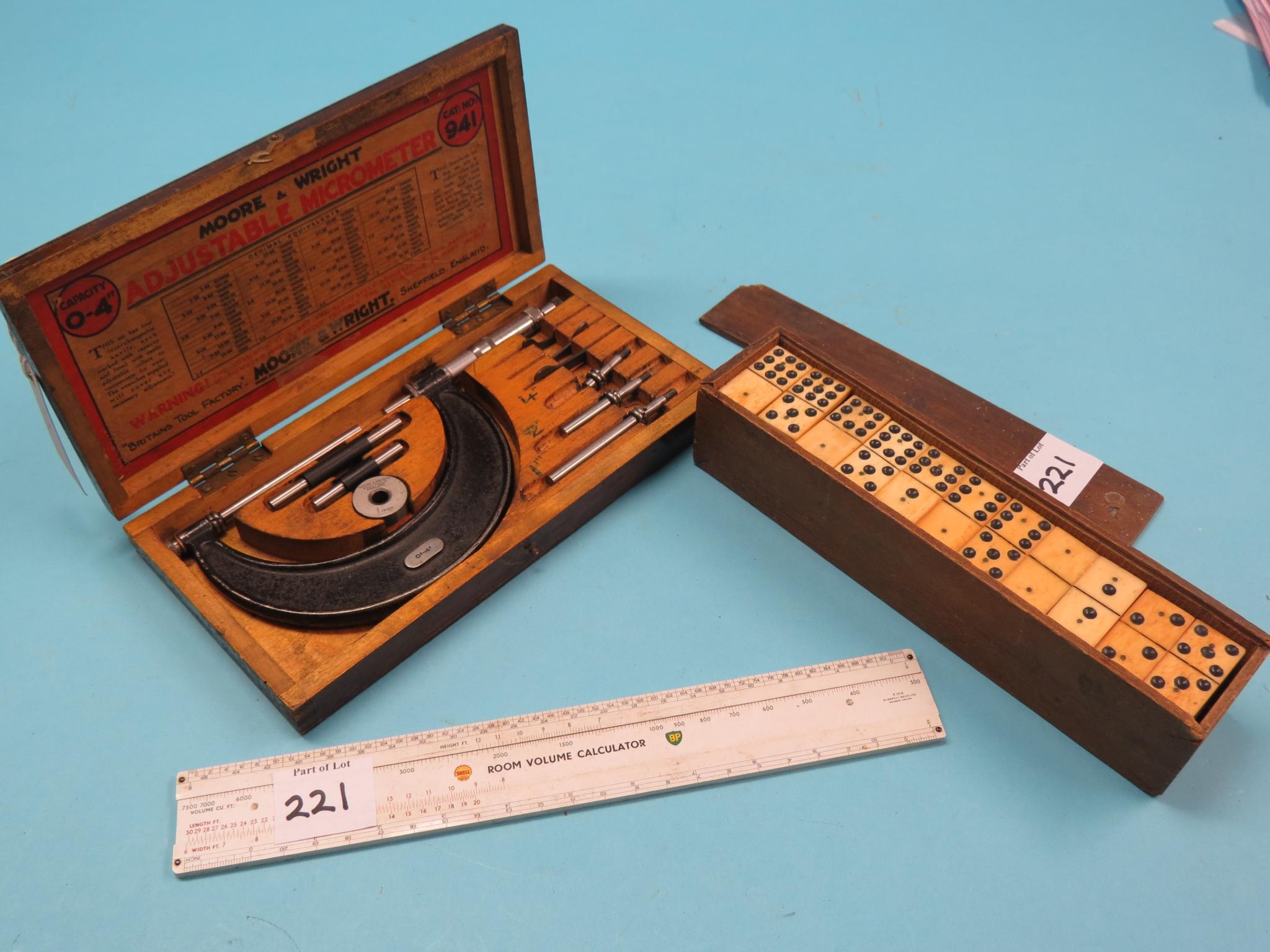 Appraisal: A Domino set uncommon nines variant a Moore Wright micrometer