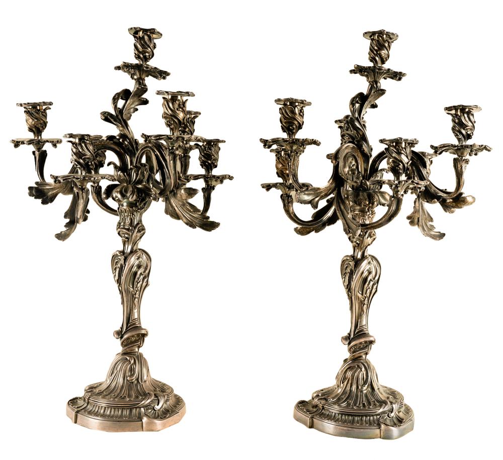 Appraisal: PAIR OF FRENCH SILVERED BRONZE CANDELABRAunsigned each with seven removable