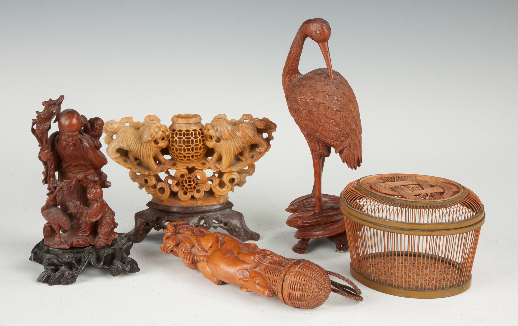 Appraisal: Group of Five Asian Objects Carved figural group some loss