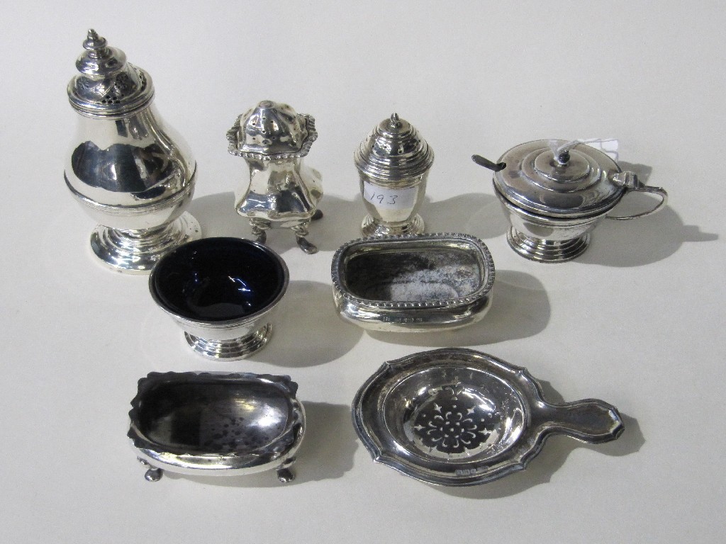 Appraisal: Lot comprising silver castor Birmingham assorted silver condiments and a