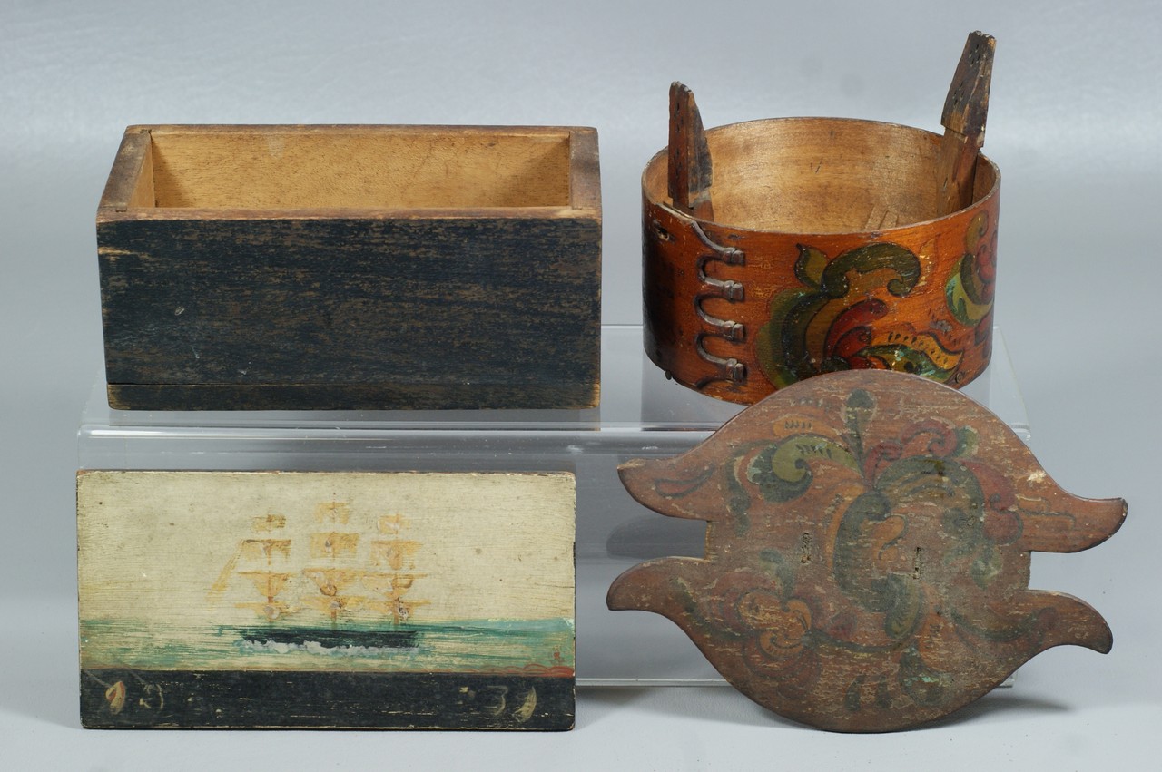 Appraisal: painted wooden boxes rectangular one with ship painted on lid