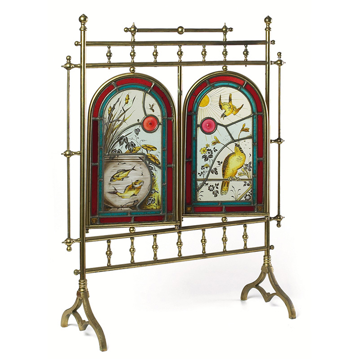 Appraisal: Aesthetic Movement fire screen brass and leaded stained and painted