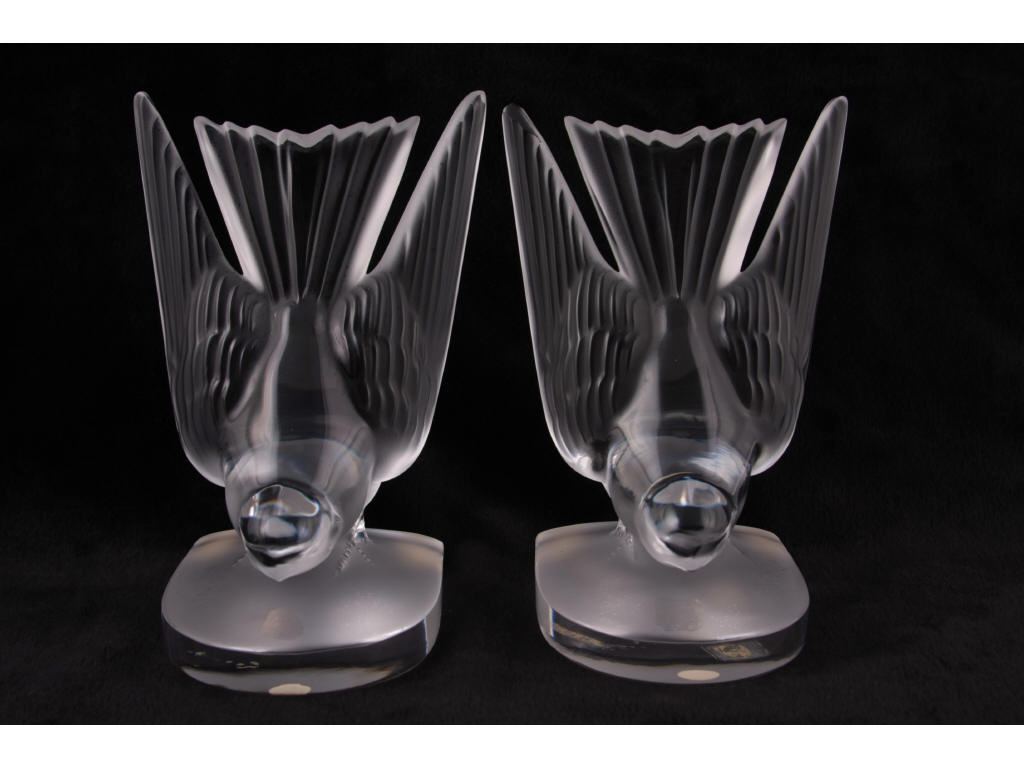 Appraisal: Pair of Signed Lalique Avian Bookends heavy clear glass doves