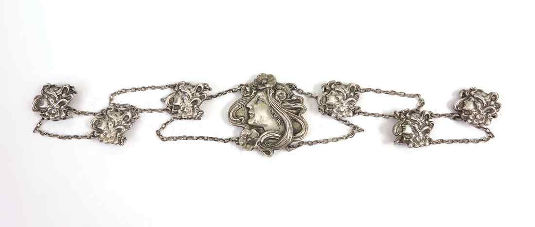 Appraisal: ART NOUVEAU STERLING FIGURAL MEDALLION BELT Marked Sterling on back