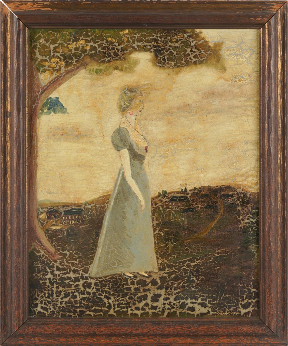 Appraisal: AMERICAN PRIMITIVE SCHOOL WOMAN IN LANDSCAPEoil on canvas unsigned x