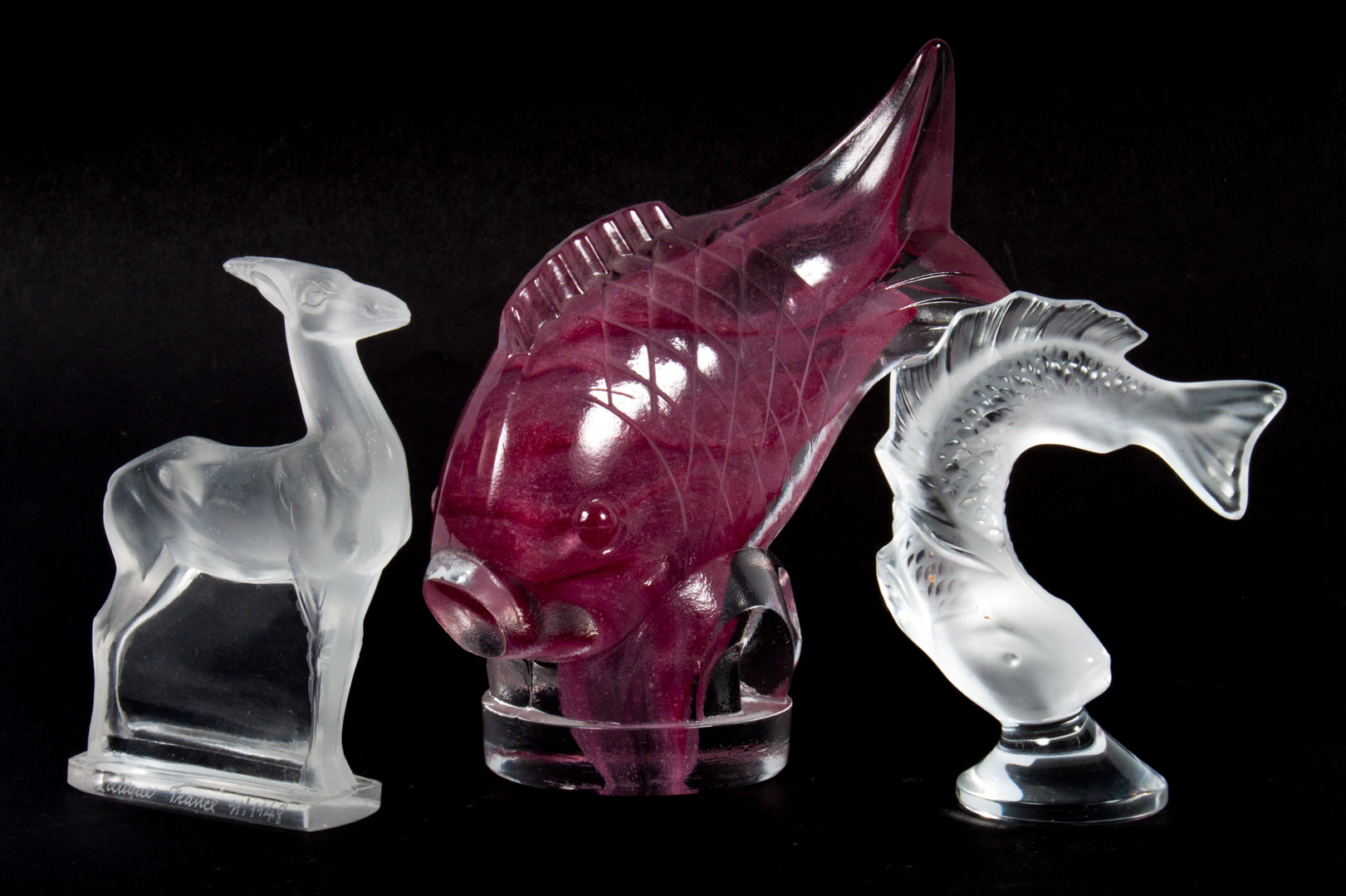 Appraisal: Lalique partially frosted crystal deer and fish each inscribed Lalique