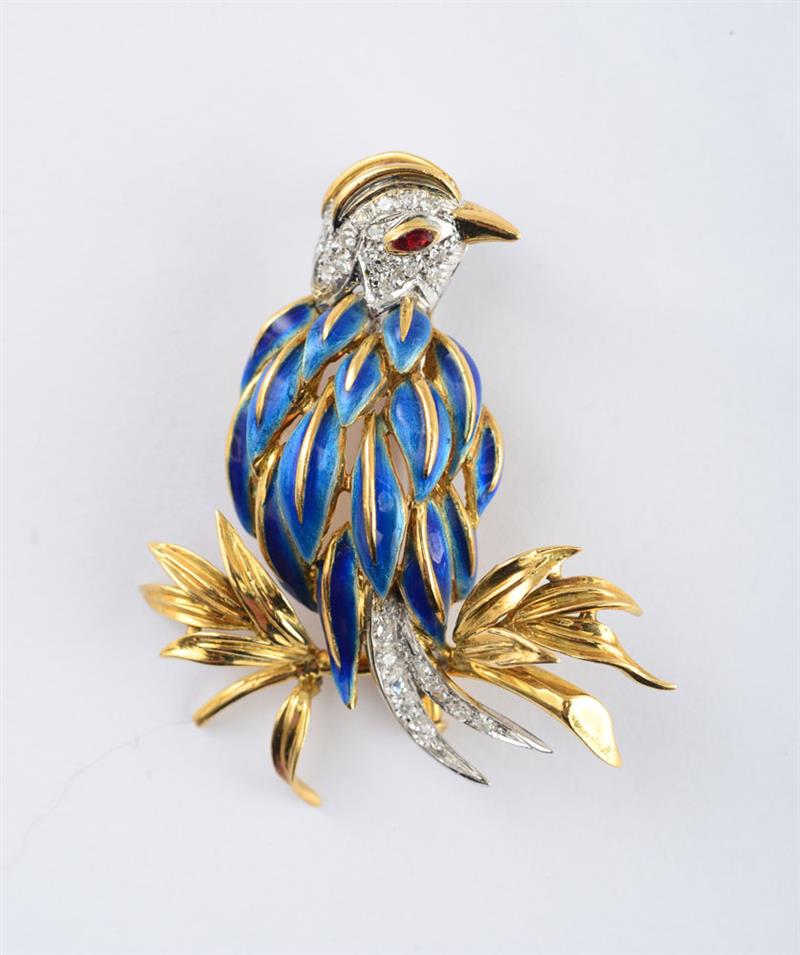 Appraisal: K GOLD ENAMEL AND DIAMOND BIRD BROOCH TIFFANY CO Two