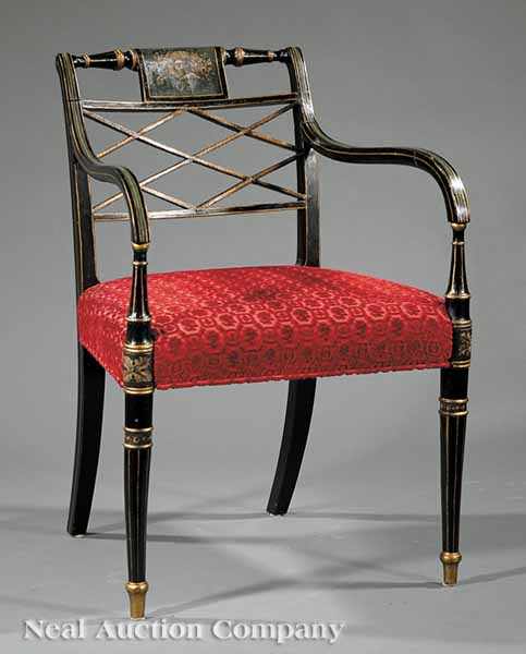 Appraisal: A Regency Black Painted and Polychromed Armchair early th c