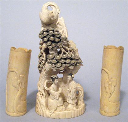 Appraisal: Pair of elephant Ivory brushpots and a Chinese ivory model