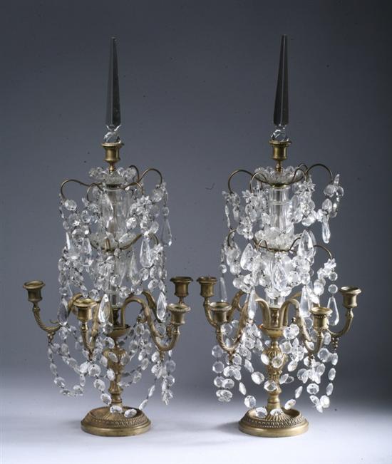 Appraisal: PAIR LOUIS XVI-STYLE BRONZE-DOR AND CRYSTAL FOUR-LIGHT CANDELABRA th century