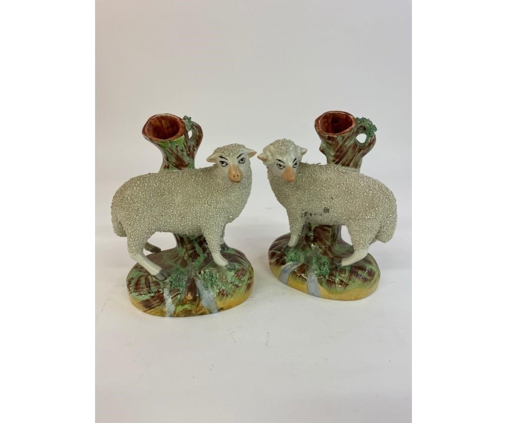 Appraisal: Pair of English Staffordshire sheep spill vases circa h x