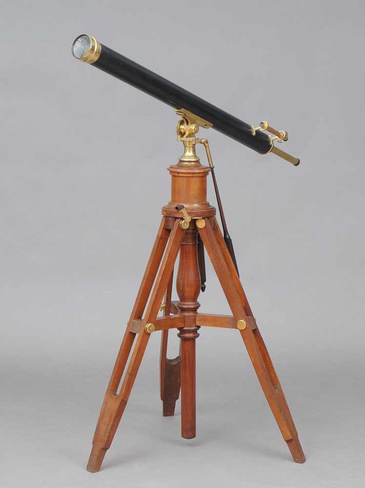 Appraisal: FRENCH BRASS AND EBONIZED METAL FIELD TELESCOPE ON MAHOGANY TRIPOD