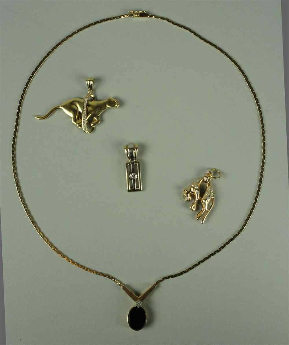 Appraisal: GROUP OF LADY'S GOLD PENDANTS including a cat pendant with