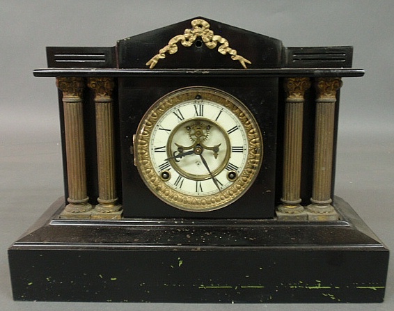 Appraisal: - Ansonia black metal mantel clock with exposed escapement h