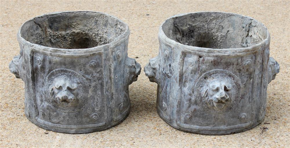 Appraisal: PAIR OF ENGLISH GRAY LEAD PLANTERS WITH RAISED DESIGN AND