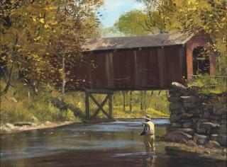 Appraisal: Brett James Smith b Fly Fishing by a Covered Bridge